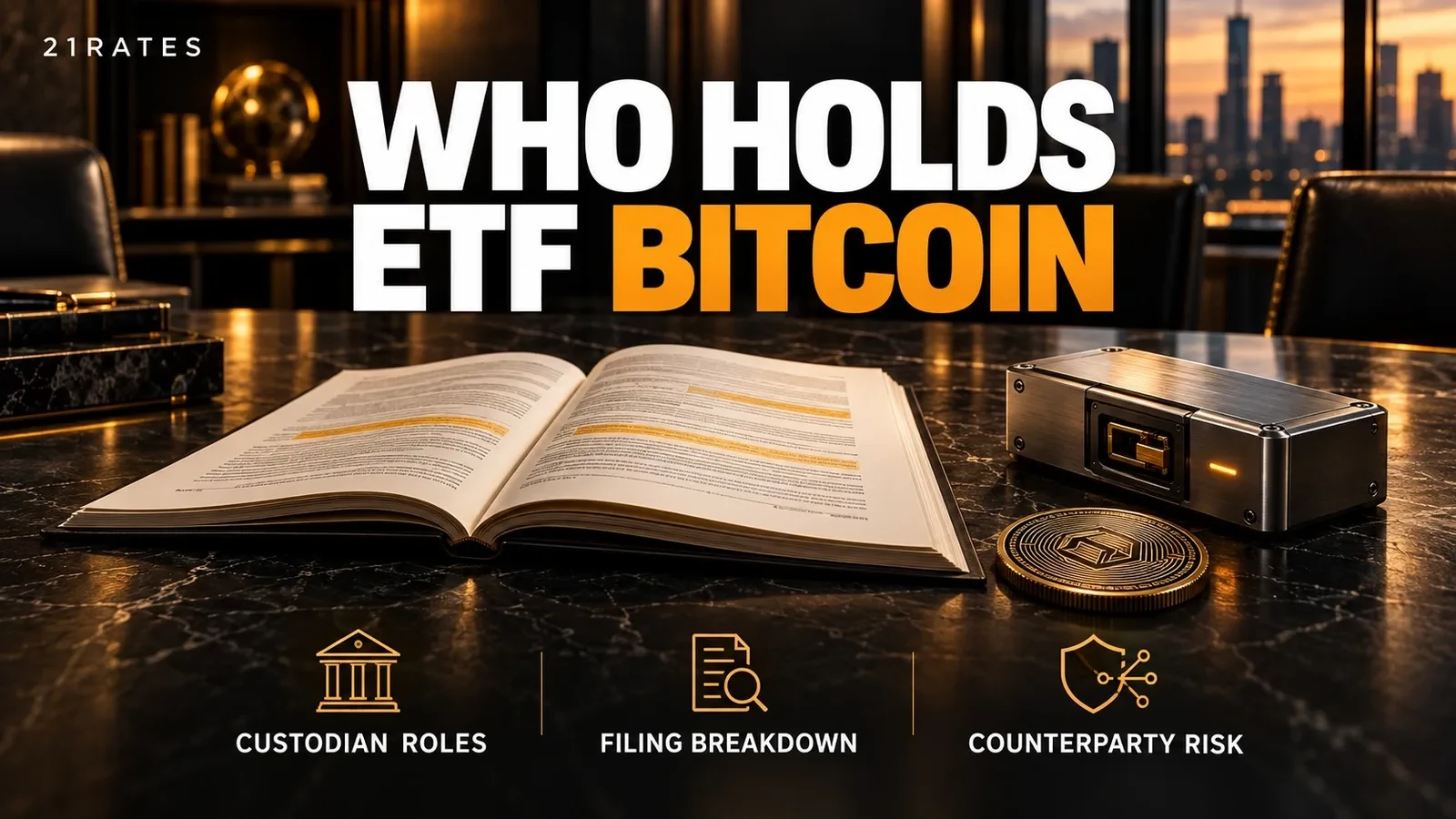 An open Bitcoin ETF prospectus filing and a brushed-steel cryptographic custody key on a dark granite table under warm amber lighting.