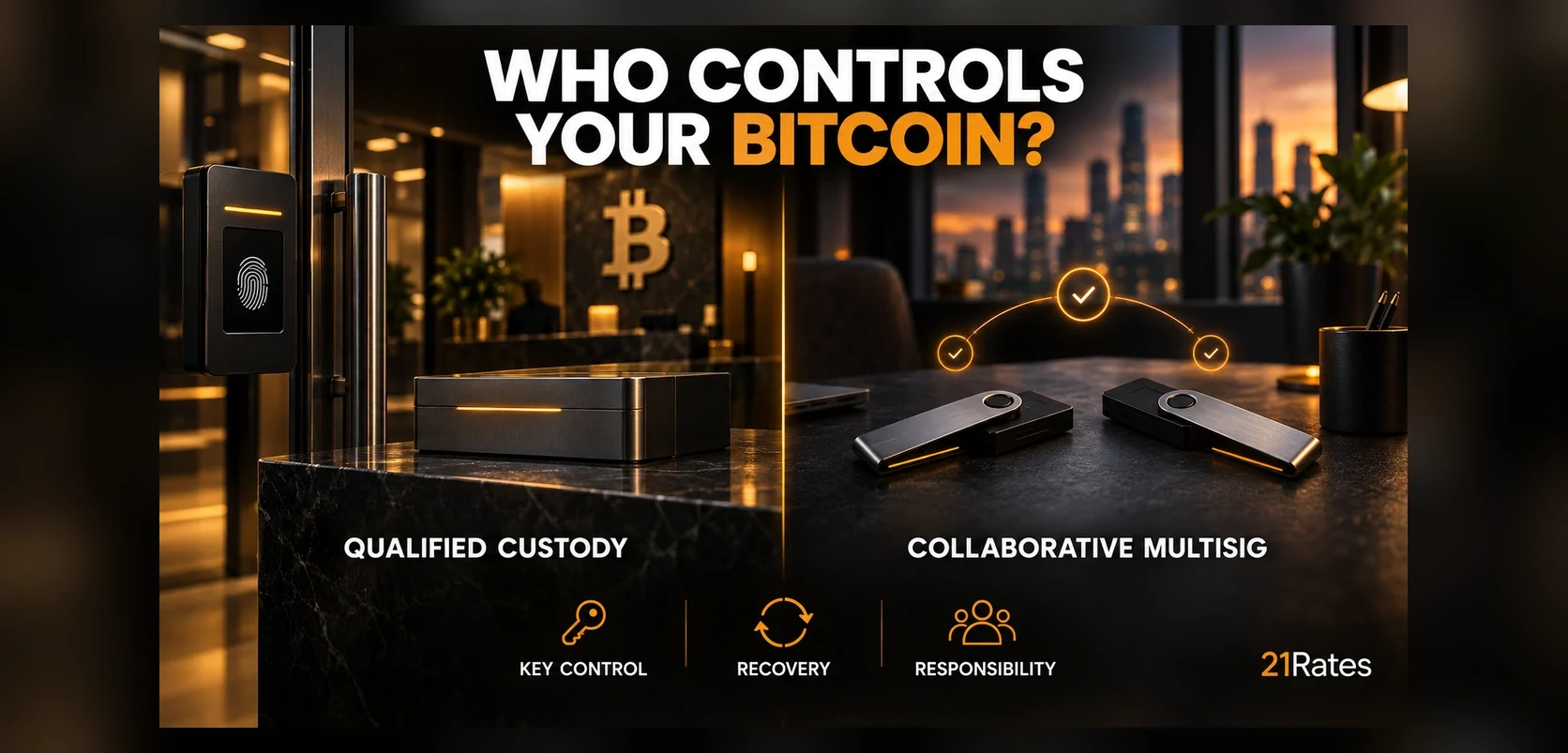 A 21Rates comparison graphic showing qualified custody on one side and collaborative multisig on the other, with labels for key control, recovery, and responsibility.
