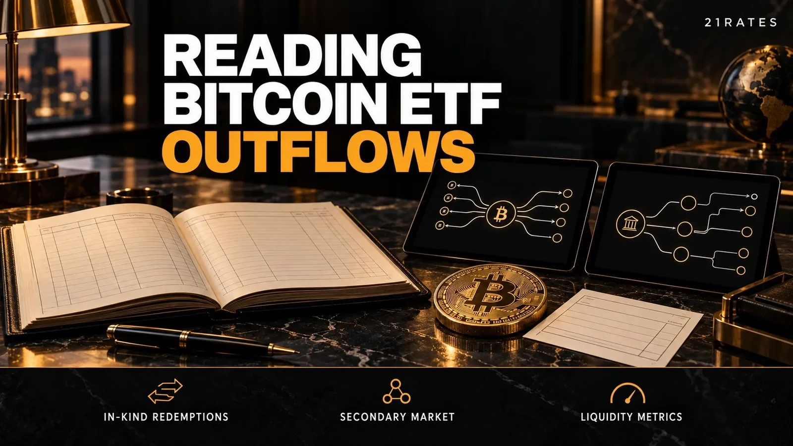 Institutional trading desk with ETF redemption documents and a Bitcoin medallion under warm amber light