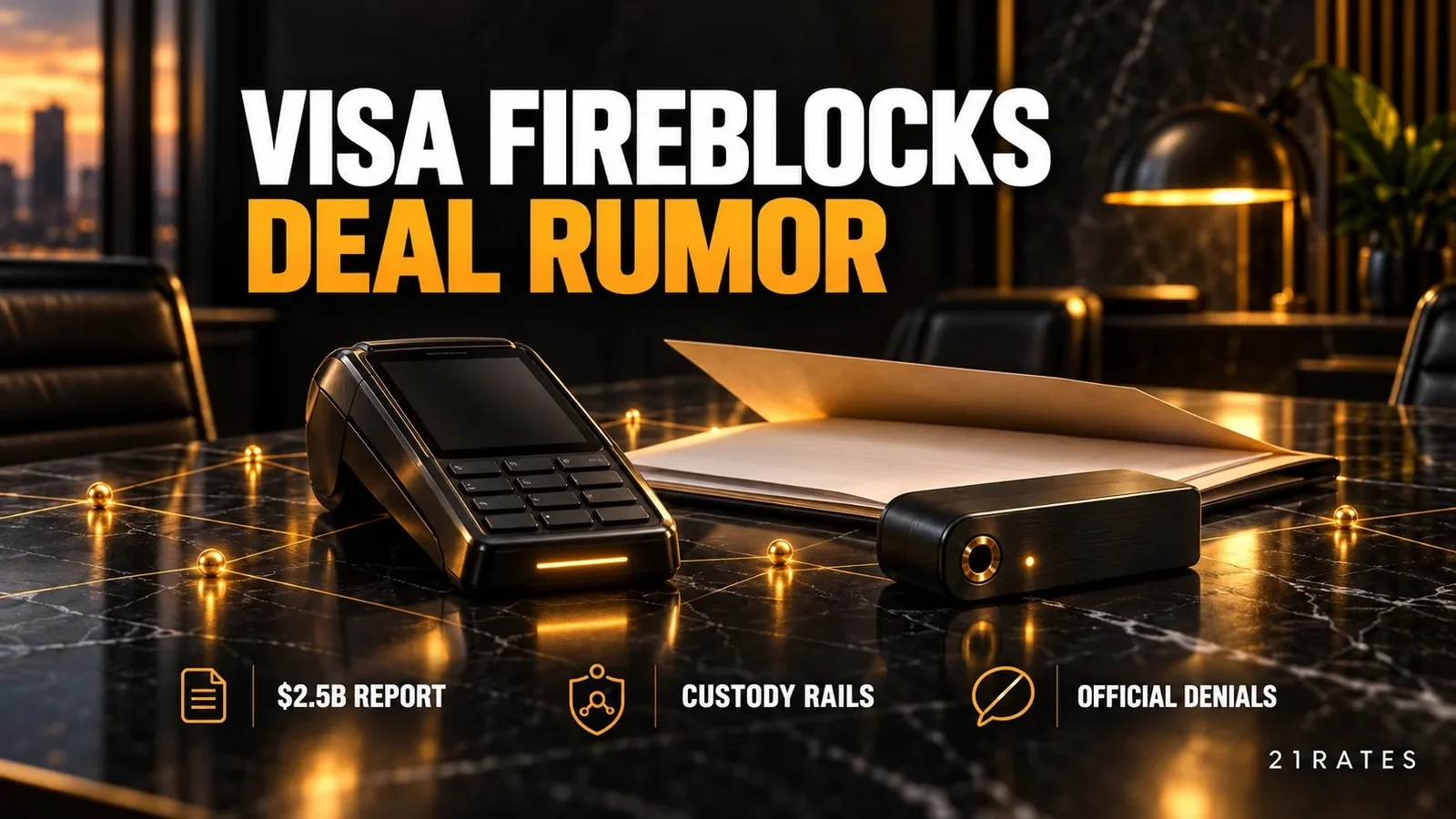 A sleek card terminal and hardware custody key on a dark boardroom desk beneath rumor headline.
