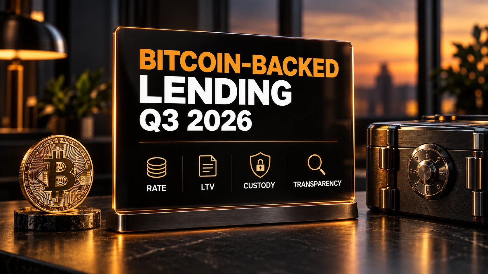 Editorial illustration of a Bitcoin-backed lending briefing panel showing Q3 2026, rate, loan-to-value ratio, custody and transparency beside a Bitcoin coin and secure case.