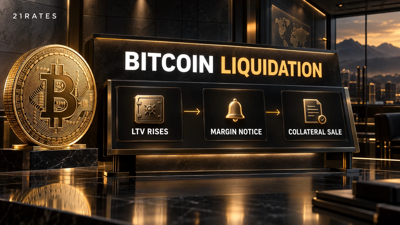 21Rates editorial graphic explaining Bitcoin liquidation with a Bitcoin collateral coin and a horizontal sequence: LTV rises, margin notice, collateral sale.