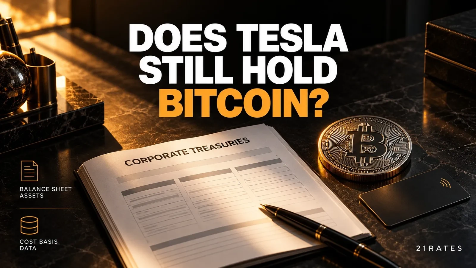 Corporate treasury report and titanium Bitcoin token on a dark slate desk under warm amber lighting.