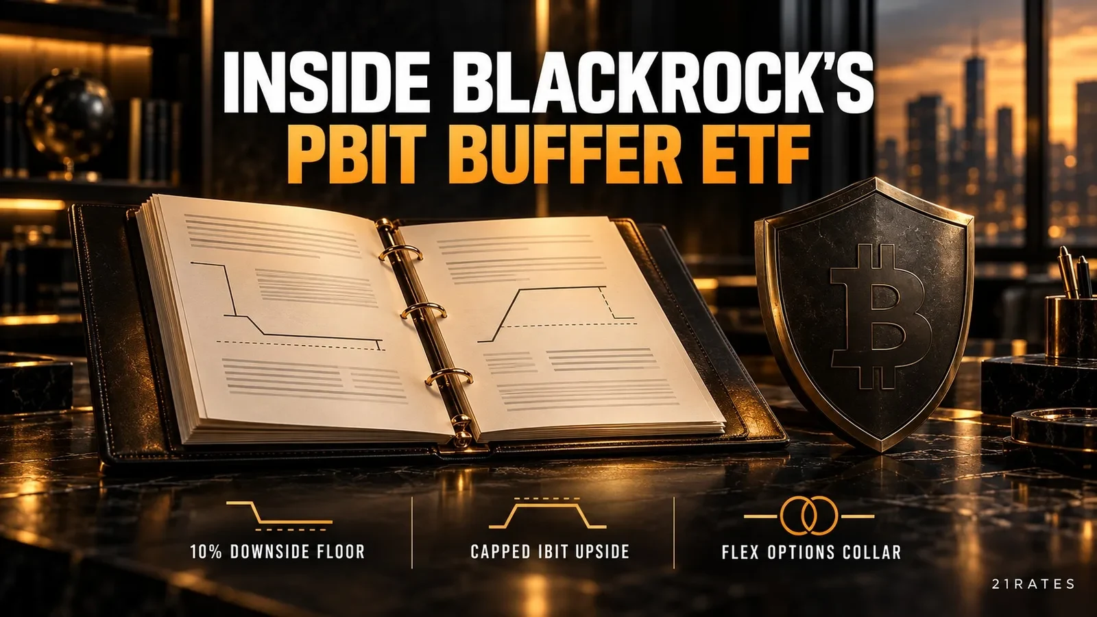 SEC prospectus for BlackRock's PBIT Bitcoin buffer ETF beside a matte black protection shield on an obsidian desk.