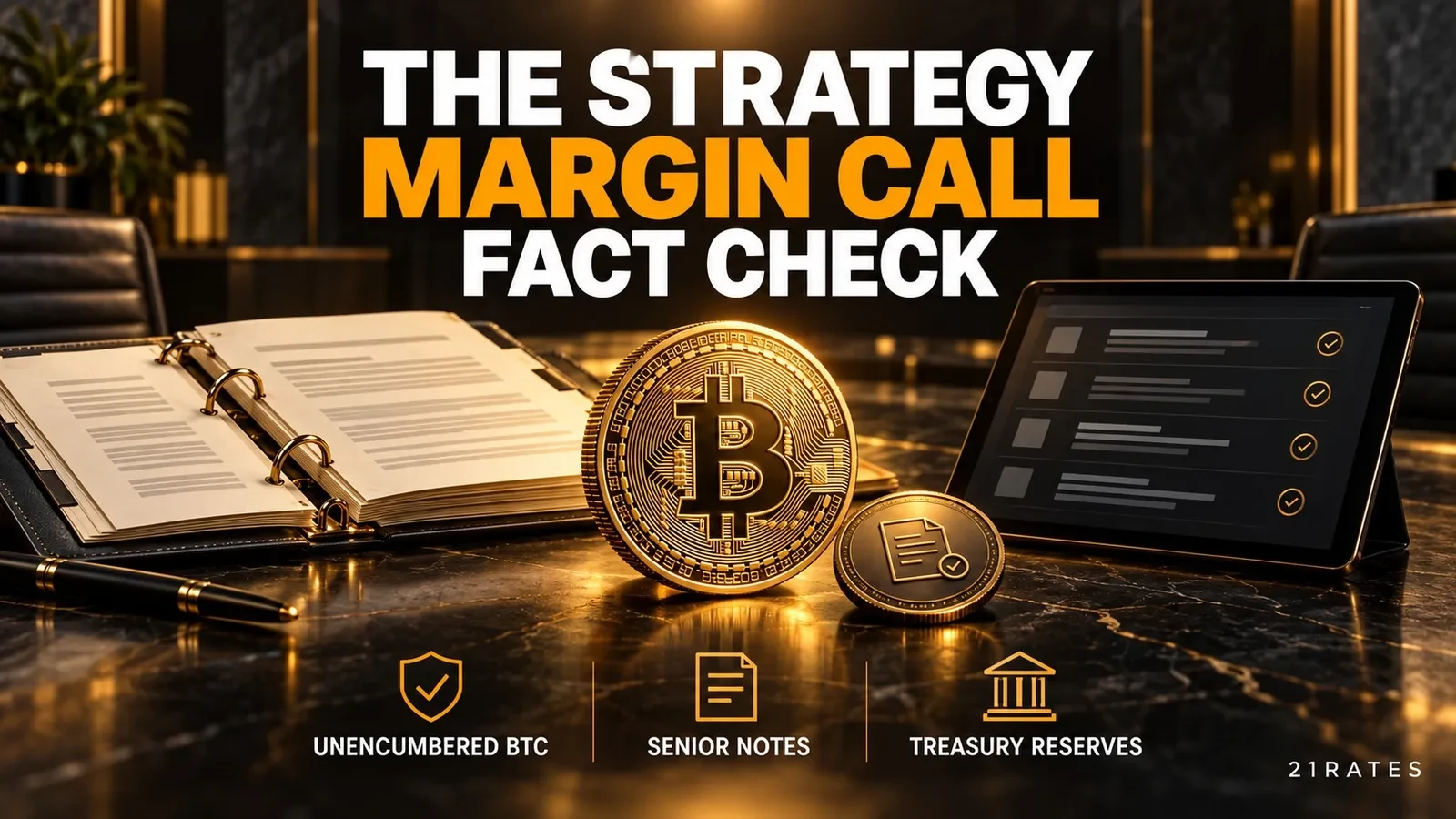 Open corporate financial filings and digital asset sheets beside a Bitcoin token under warm amber lighting.