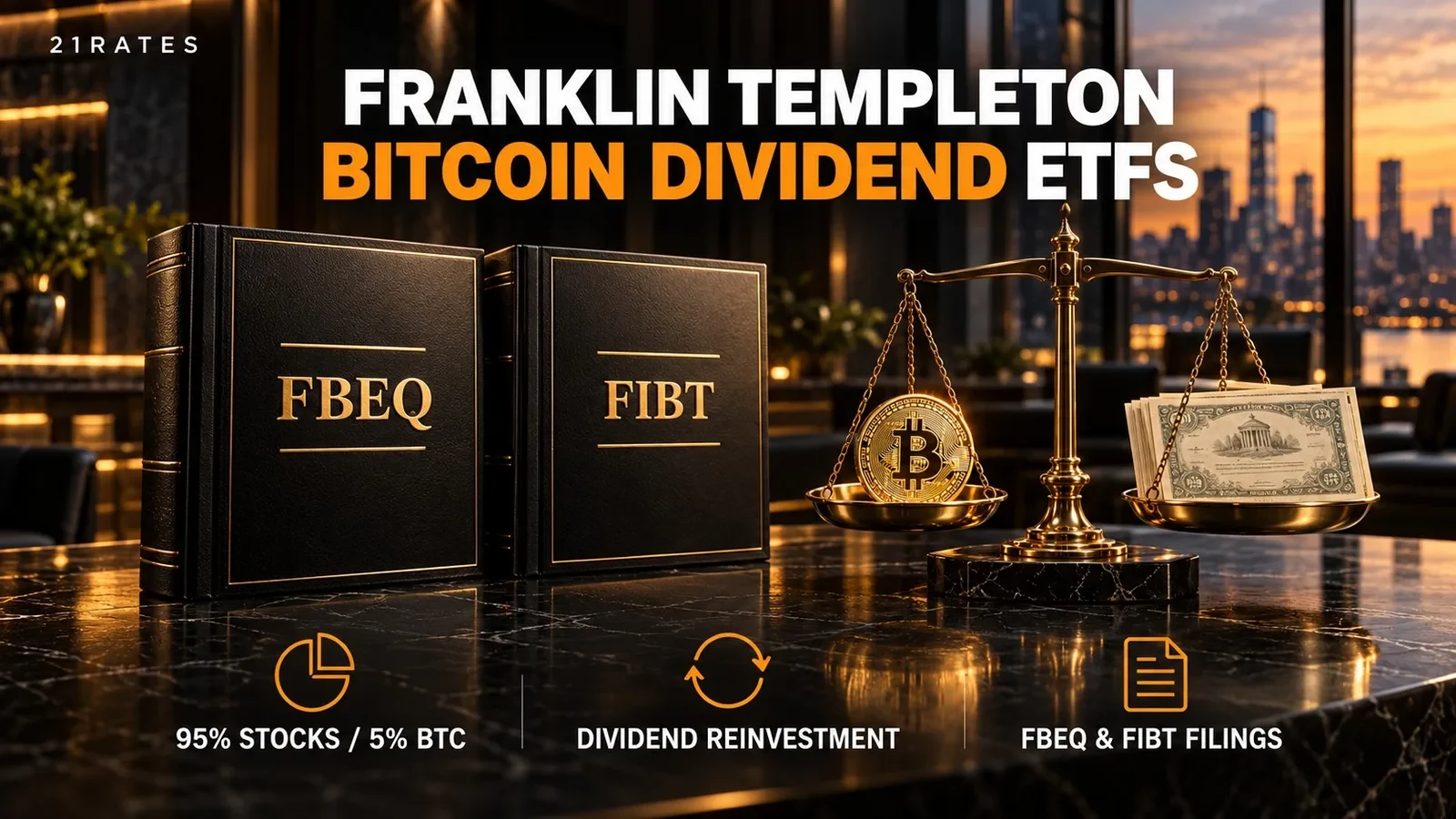An institutional marble desk with SEC filing documents for Franklin Templeton FBEQ and FIBT, a balance scale with equities and Bitcoin, and the 21Rates header text.