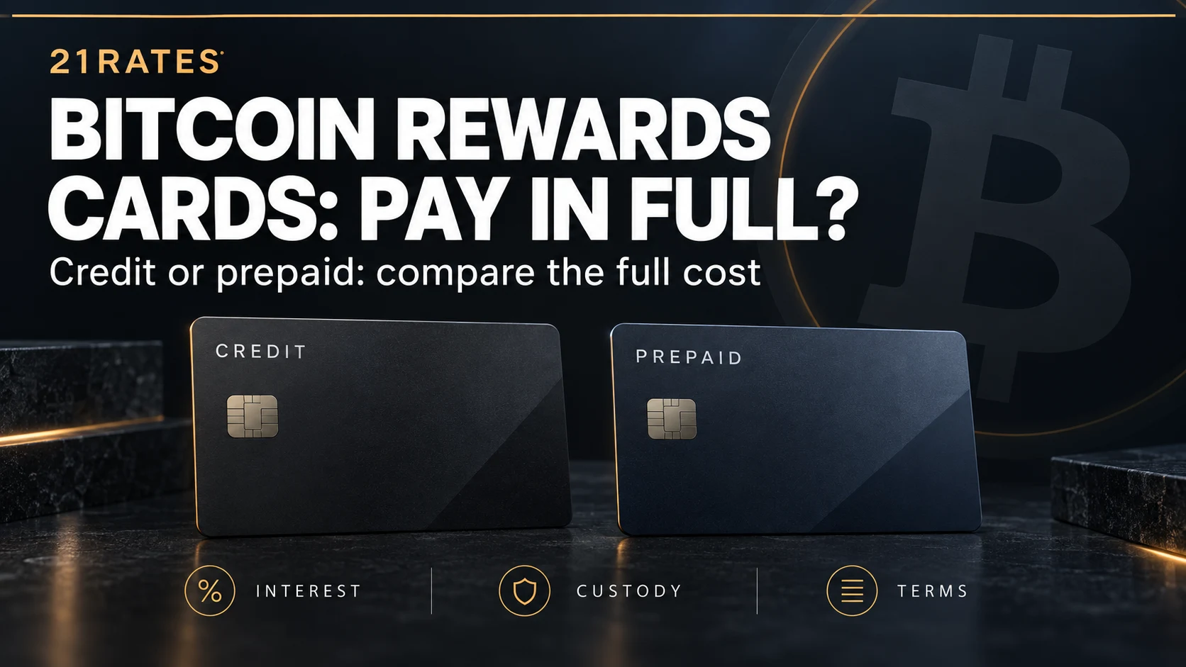 21Rates guide card comparing unbranded credit and prepaid bitcoin rewards cards, with prompts to compare interest, custody, and terms.