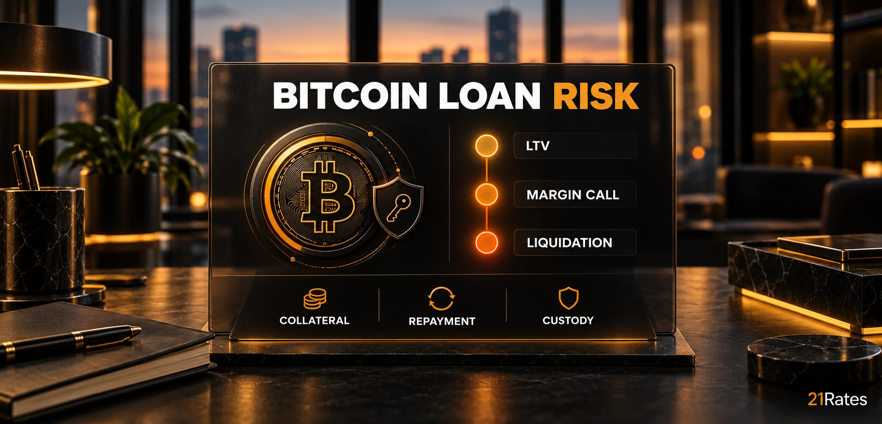 A 21Rates editorial graphic showing a Bitcoin loan risk dashboard with LTV, margin call, and liquidation stages, plus collateral, repayment, and custody labels.