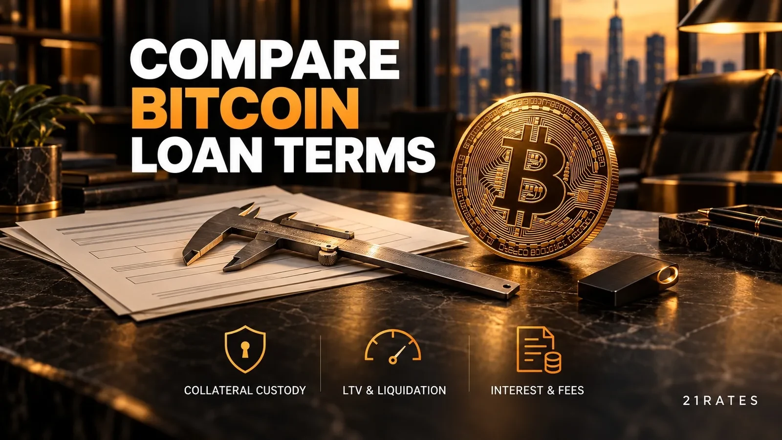 Physical Bitcoin token and loan comparison sheets on a dark slate desk with financial risk assessment labels.