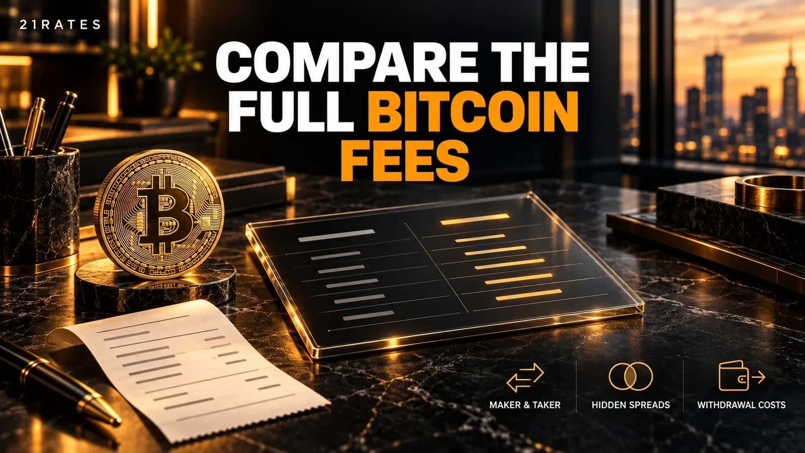 Dark editorial desk with tiered fee breakdown sheets, an analytical tablet, and a Bitcoin coin showing exchange costs.
