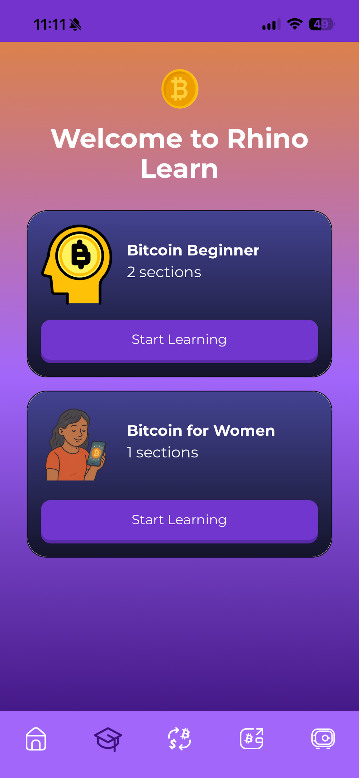 Rhino Learn: Built-in Bitcoin education with beginner and specialized courses