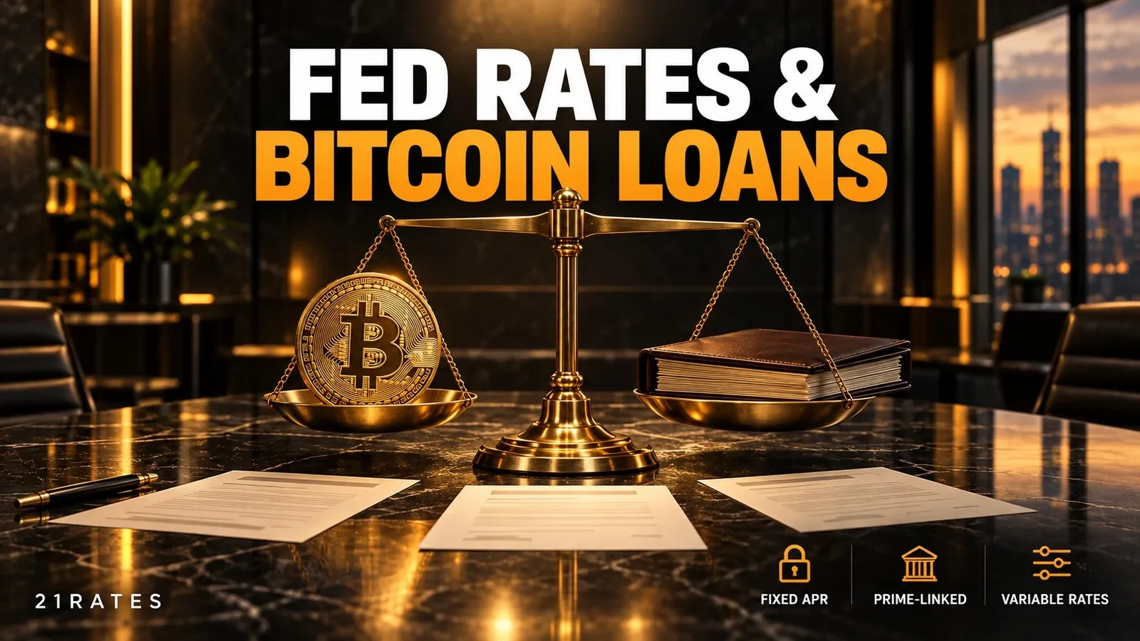 A brass balance scale with a Bitcoin token and FOMC loan term sheets on a dark marble desk.