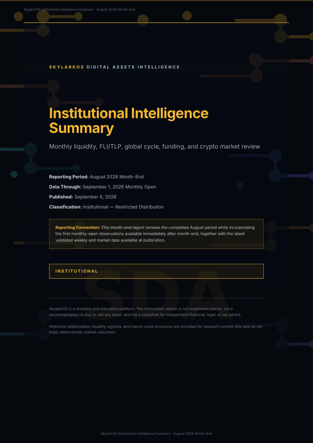 SkylarkOS Institutional Intelligence Summary cover — August 2026 Month-End