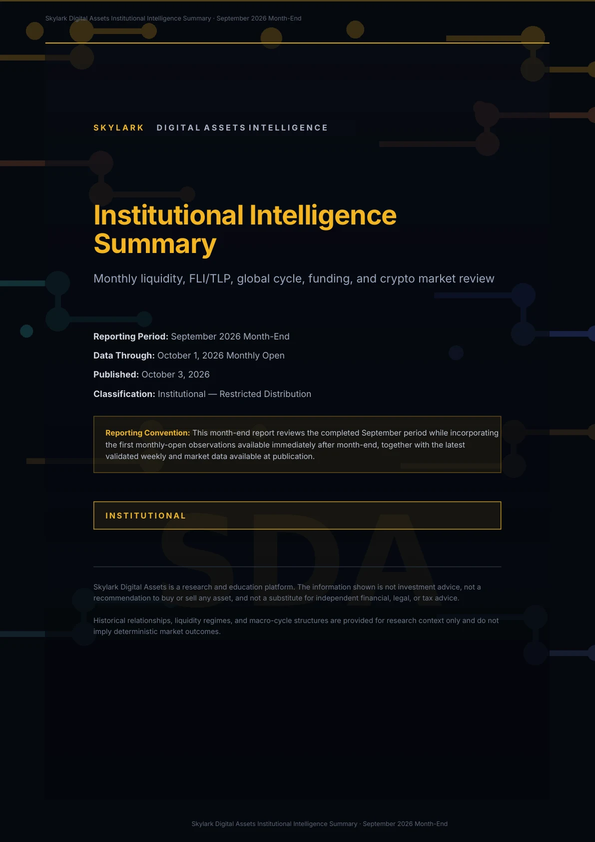 Skylark Digital Assets Institutional Intelligence Summary cover — September 2026 Month-End